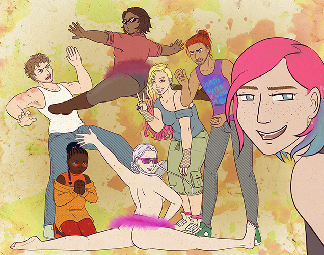 From left to right: Mika, Maria, Akke, Marzena, Lily and Jonas from Diamond Eyes with their creator Umi in the foreground (2015)